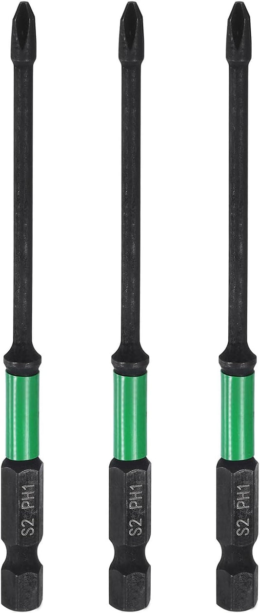 HARFINGTON 3pcs #1 Impact Phillips Screwdriver Bit PH1 1/4" Hex Shank 4" (100mm) Long 0.12" Rod Magnetic Cross Head Drill Bits S2 Steel Industrial Screw Driver for Impact Power Drivers