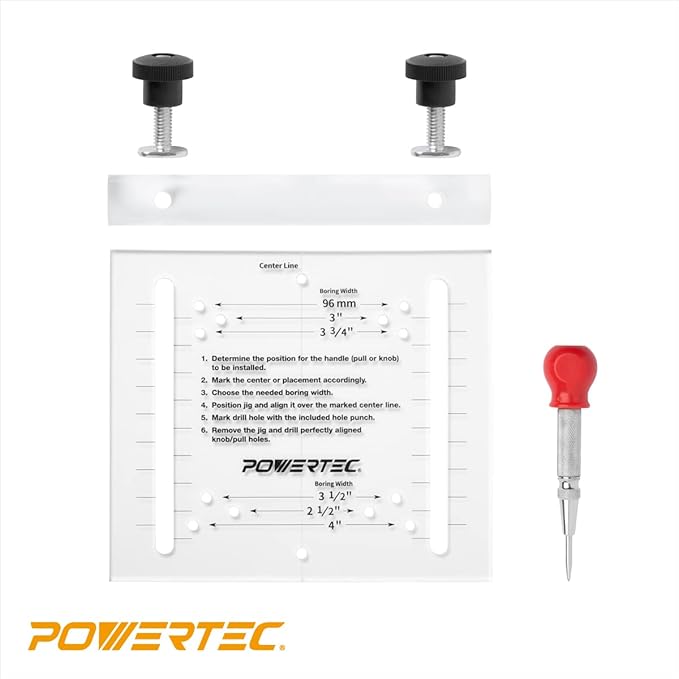 POWERTEC Cabinet Hardware Jig w/Center Punch, Drawer Jig for Installing Pulls, Knobs, Handle on Cabinet and Drawer, Woodworking Tools for Cabinet Handles, Drawer & Cabinet Pulls Installation (71412)