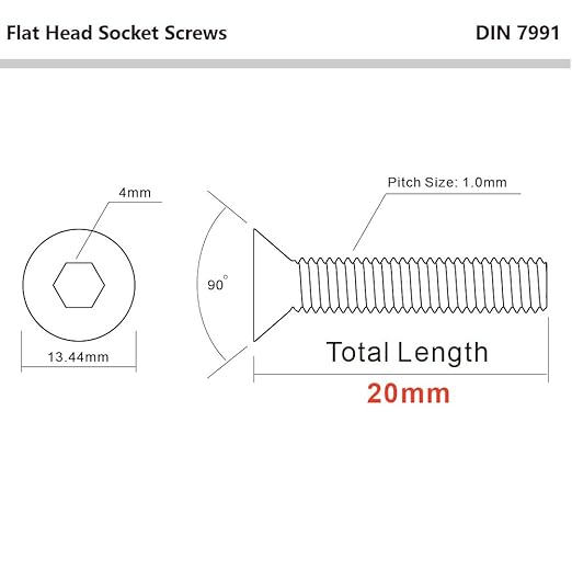 MewuDecor M6-1.0 x 20mm Flat Head Socket Cap Screws, Stainless Steel 18-8 (304), Bright Finish, DIN 7991, Allen Socket Drive, 25 PCS