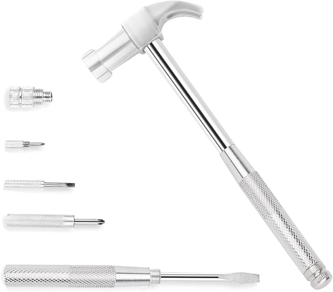 6-in-1 Multi-Purpose Hammer & Screwdriver Tool with Non-Slip Handle Slotted/Flat Head Phillips Screwdriver Mini Hammer for Opening Walnut, Home & Watchmaker Repair Tools (argent)