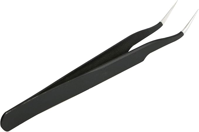 Aoje-Link ESD-17 Professional Anti-Static Precision Technology Tweezers, Non-magnetic Fine Tip Curved, Stainless Steel Plastic Coated, Full Length 125mm, Black, 2pcs