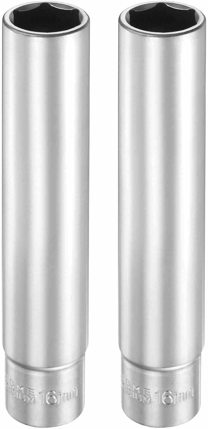 HARFINGTON 2pcs 6 Points Deep Socket 3/8" Drive 16mm Deep Metric CR-V Steel Polished Nickel Plating Flip Sleeve 120mm / 4.7" Extra Long Socket Tool for Home Auto Nuts Bolts Repair
