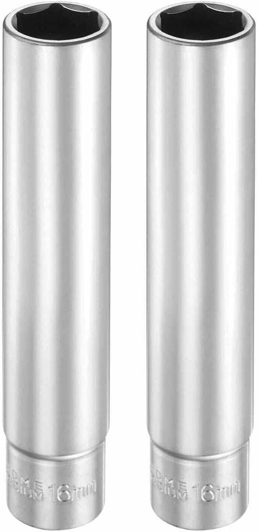HARFINGTON 2pcs 6 Points Deep Socket 3/8" Drive 16mm Deep Metric CR-V Steel Polished Nickel Plating Flip Sleeve 120mm / 4.7" Extra Long Socket Tool for Home Auto Nuts Bolts Repair