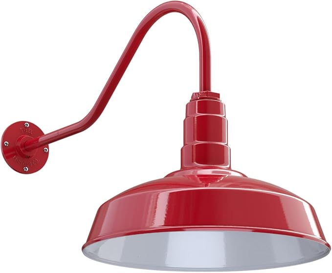 Steel Lighting Co. | Dusk to Dawn | Gardena Barn Light | Outdoor Wall Mounted | 16" Dome | 23" Gooseneck | Farmhouse Light Made in America | Red Exterior/White Interior