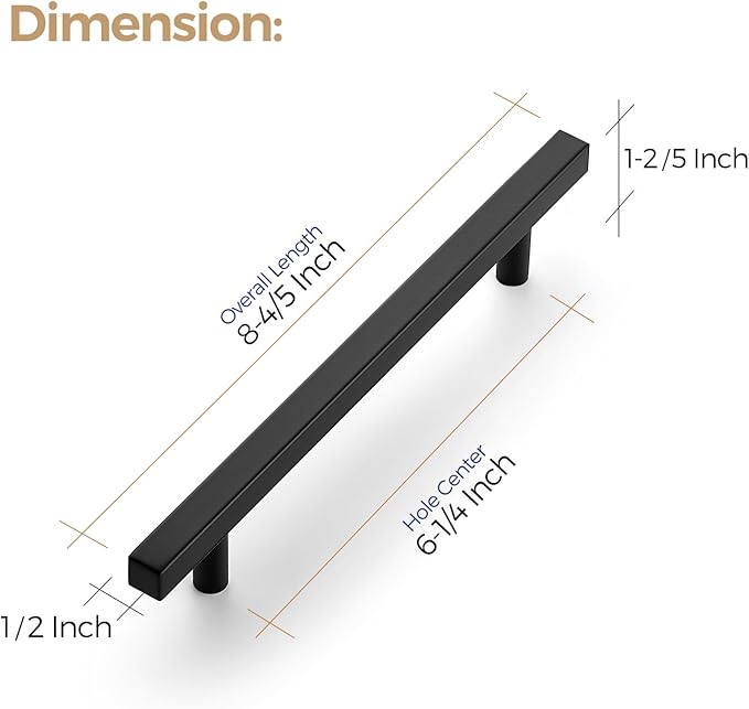 Ravinte 30 Pack 6-1/4 Inch Cabinet Pulls Black Sqaure Kitchen Cabinet Handles Black Cabinet Hardware Stainless Steel Drawer Pulls 8-4/5 Inch Overall Length with Mounting Template