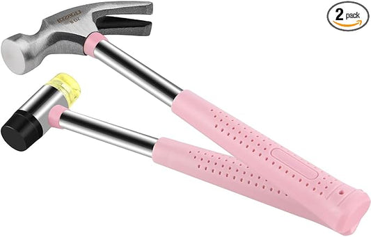 8oz Hammer, 2-Piece Small Claw Hammer & Rubber Mallet Hammer Mini Hammer Set(Pink)