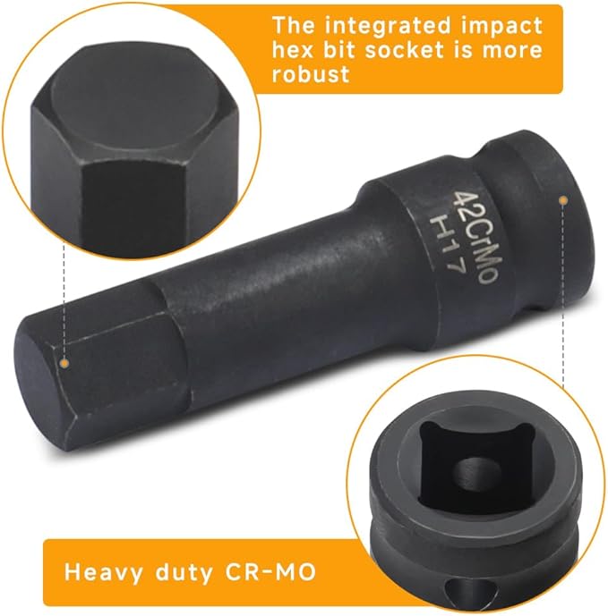 Hoteche 8-Piece 1/2" Drive Impact Metric Hex Bit Socket Set | Cr-Mo Steel, Laser Etched Sizes, Heavy Duty Storage Case