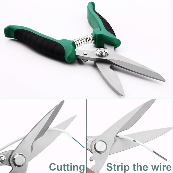 Scissors Heavy Duty, Sharp Tin Snips for Sheet Metal, Industrial Scissors, Serrated Blade, Ergonomic Handle, Easy Cutting Electrical Cable Notch, Leather, Cardboard, Fabric (7.8-In Straight Blades)