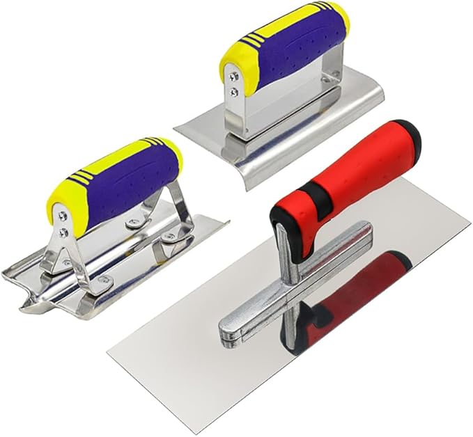 Concrete Tools Set 3 PC Stainless Steel Flat Finishing Trowel (11" x 4") plus Concrete Edger (6" x 3", 1/2"R) and Groover (6" x 3", 1/2"W,1/2"D) Stucco Cement Kit Masonry Construction Hand Kit