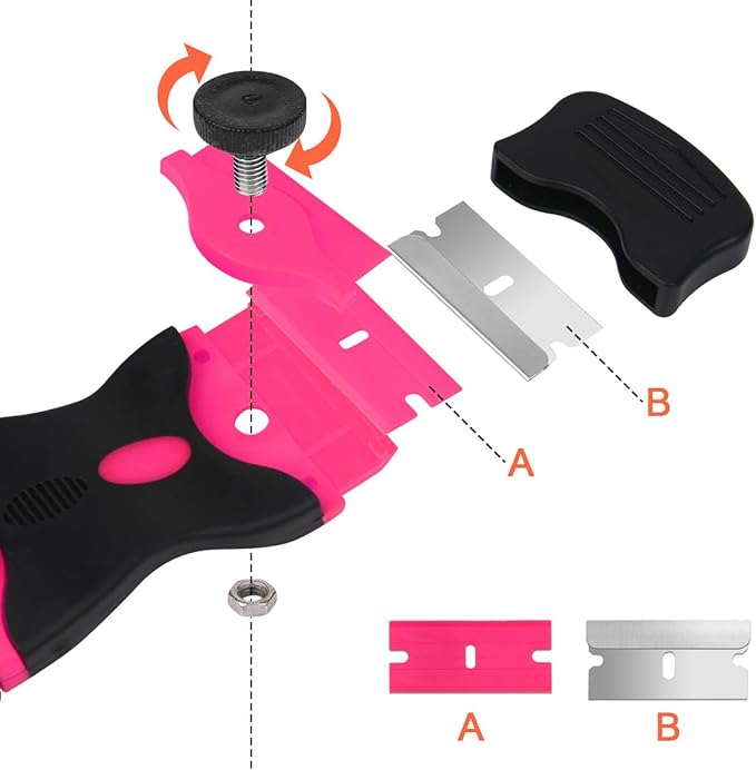 Ainiv Razor Blade Scraper, 2 PCS Razor Scraper Tool with 20PCS Metal Blades and 20PCS Plastic Blades, Multi-funtional Cleaning Razor Scraper for Decals, Stickers, Labels, Caulk, Adhesive Removal(Pink)