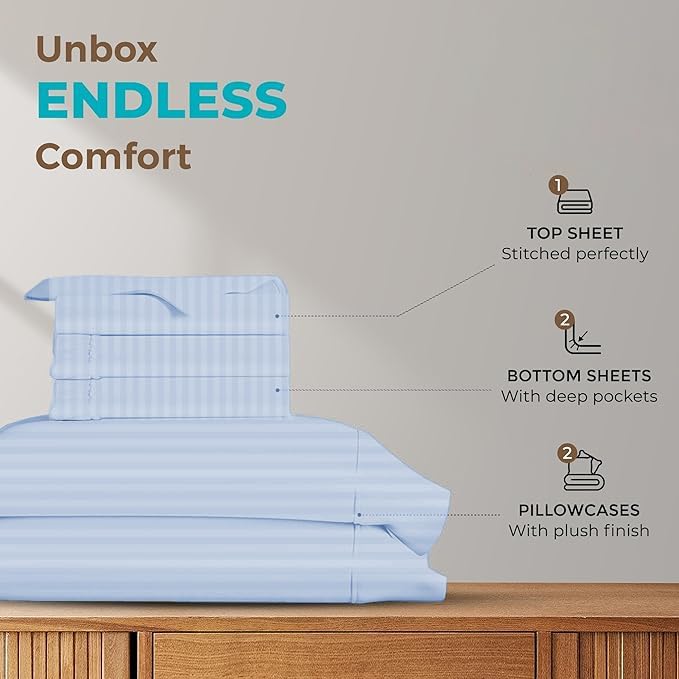 Split California King Sheets for Adjustable Beds 5Pcs Split California King Sheet Set, 800 Thread Count 100% Egyptian Cotton,18" Deep Pocket Adjustable Bed Sheets - Light Blue Stripe
