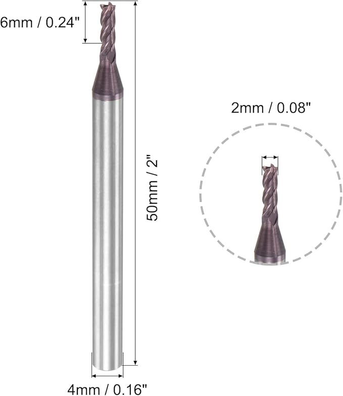 uxcell Square Nose End Mill, 2mm Tip Dia Solid Carbide AlTiN Coated CNC Router Bits 4 Flute Spiral Milling Cutter HRC55 with 4mm Shank 50mm (2-inch) Length