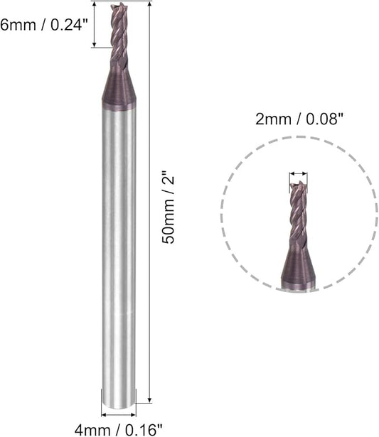 uxcell Square Nose End Mill, 2mm Tip Dia Solid Carbide AlTiN Coated CNC Router Bits 4 Flute Spiral Milling Cutter HRC55 with 4mm Shank 50mm (2-inch) Length