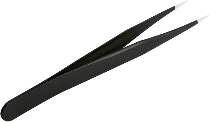 Aoje-Link ESD-10 Professional Anti-Static Precision Technology Tweezers, Non-magnetic Straight Pointed Tip, Stainless Steel Plastic Coated, Full Length 120mm, Black, 5pcs