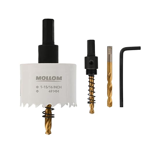 Mollom (49mm | 1-15/16") HSS M42 with 8% Cobalt BI-Metal Hole Saw with 2 Pilot Drill Bits & Arbor Smooth Cutting for PVC,Drywall,Wood,Plastic,Gypsum Board,Rubber