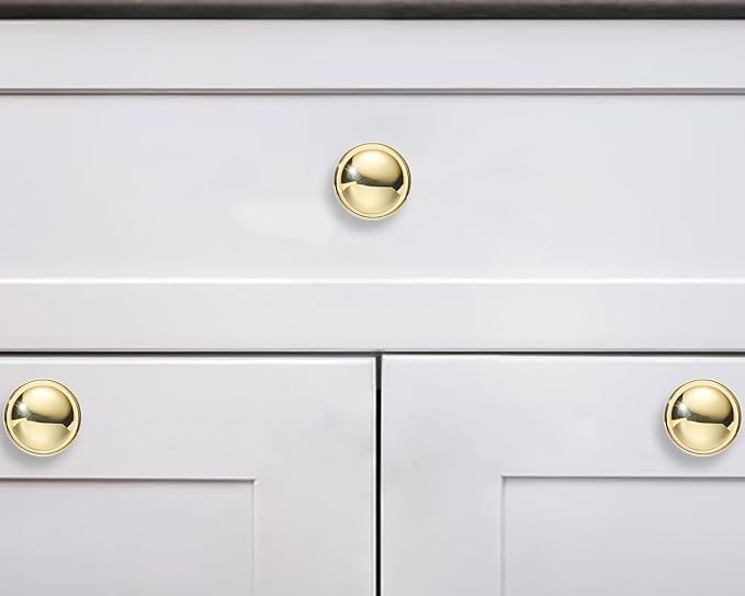 khtumeware 10 Pack 1-1/4 Inch Polished Brass Cabinet Knobs Solid Round Unlacquered Brass Dresser Knobs Drawer Knobs Simple Cabinet Hardware for Cupboard Drawer Pulls.