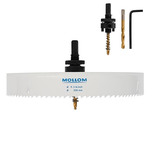 Mollom (235mm | 9-1/4") HSS M42 with 8% Cobalt BI-Metal Hole Saw with 2 Pilot Drill Bits & Arbor Smooth Cutting for PVC,Drywall,Wood,Plastic,Gypsum Board,Rubber