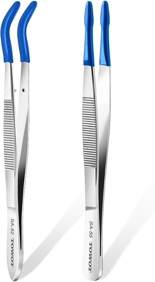 TOWOT 2 PCS Rubber Tipped Tweezers, PVC Rubber Coated, Bent and Straight Flat Tip Craft Tweezers for Stamp Jewelry Hobby Crafts Industrial Electronic (Blue)