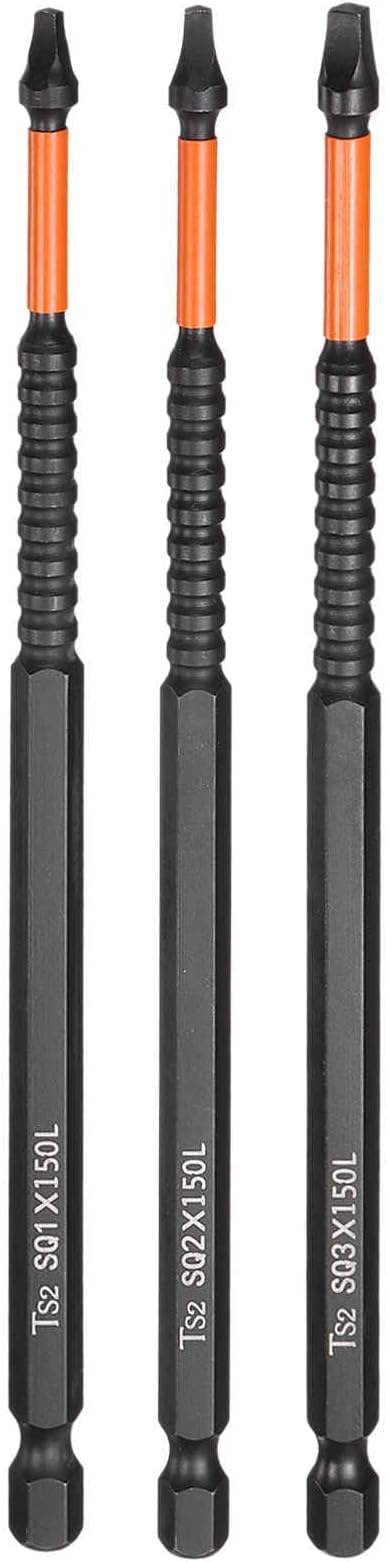 HARFINGTON 3pcs Square Head Screwdriver Bits 1/4" Hex Shank SQ1/SQ2/SQ3 Magnetic Head 6" Length S2 Steel Screw Driver Drill Bit for Repair Work Electric Screw Driver