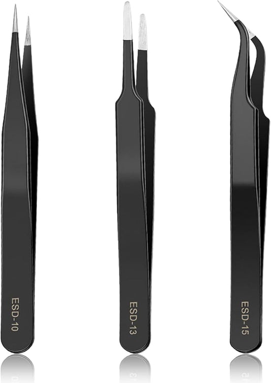 YHYZ High Precision Tweezers Set (3PCS), Anti-Static Stainless Steel Precise Tweezers (Fine, Curved, Flat), Perfect for Craft, Electronic, Soldering, Model, Hobby, Jewelry Making, Laboratory