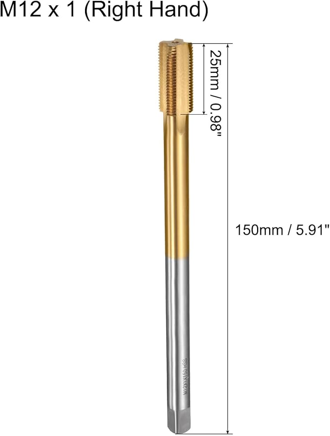 uxcell Metric Thread Tap M12 x 1 H2 150mm Straight Flute Screw Thread Milling Machine Taps Threading Tapping Repair Tool