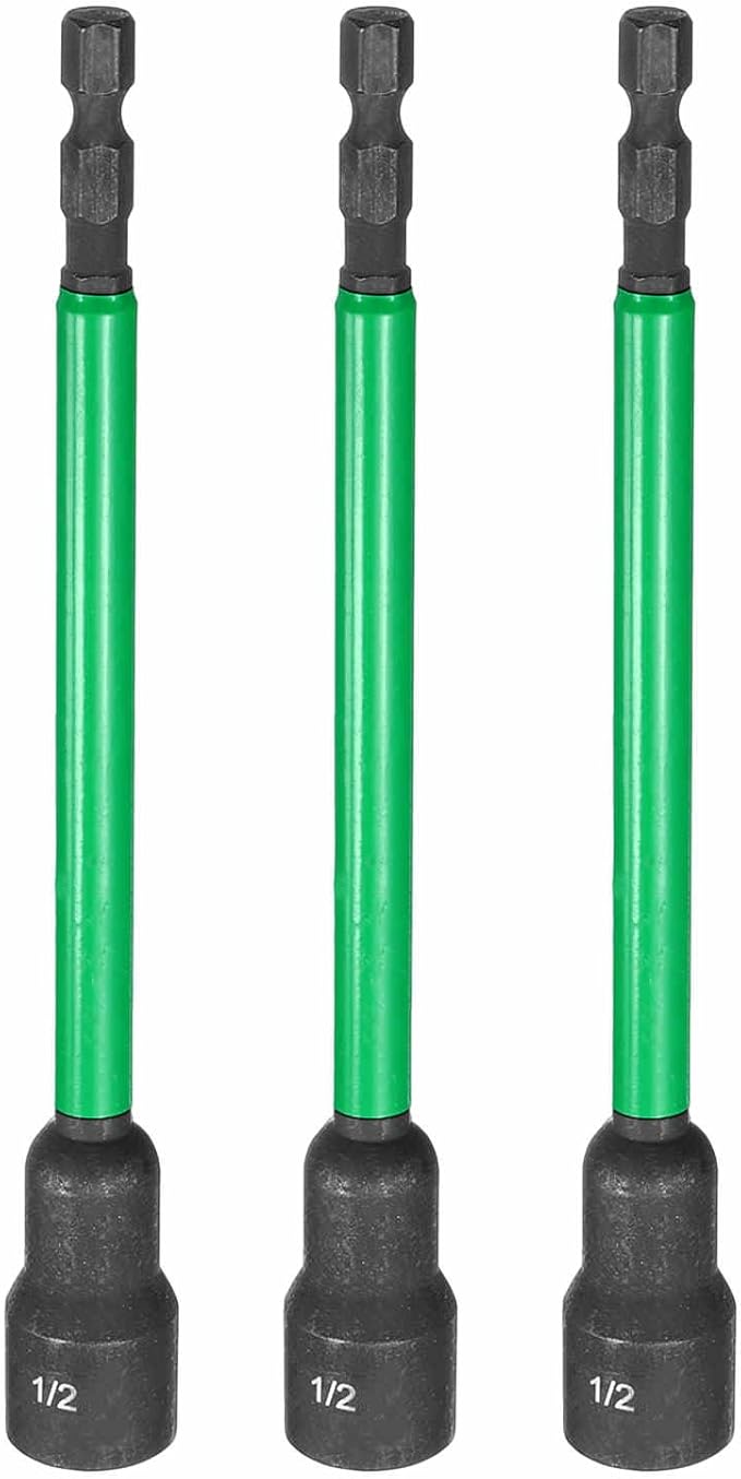 HARFINGTON 3pcs Nut Driver Drill Bit 1/2 Inch SAE Socket 1/4" Hex Shank 6" (150mm) Extra Long Magnetic 6-Point Sockets Quick Change CR-V Steel Bolt Setters for Power Drill Drivers