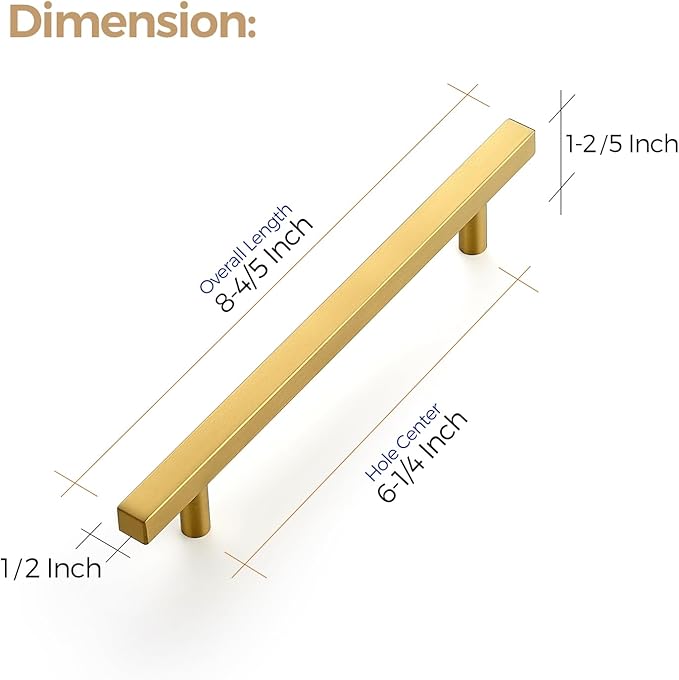 Ravinte 10 Pack 6-1/4 Inch Cabinet Pulls Gold Sqaure Kitchen Cabinet Handles Gold Cabinet Hardware Stainless Steel Drawer Pulls 8-4/5 Inch Overall Length with Mounting Template