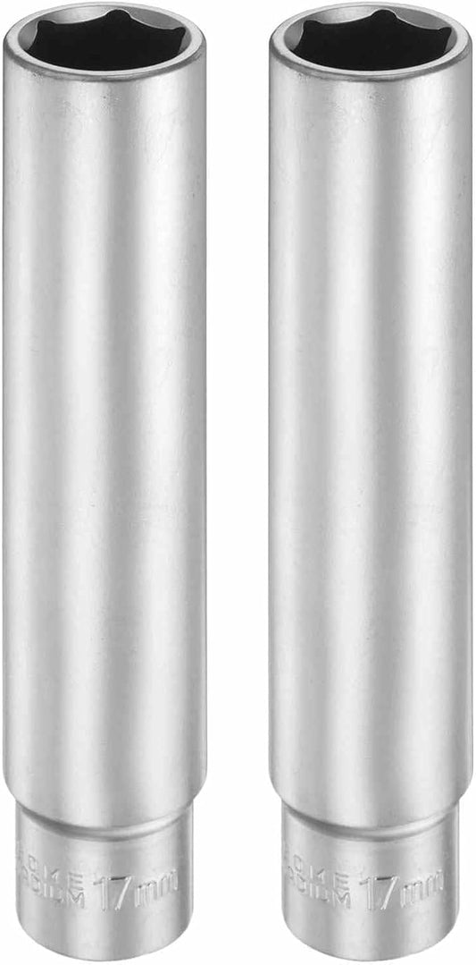 HARFINGTON 2pcs 6 Points Deep Socket 3/8" Drive 17mm Deep Metric CR-V Steel Polished Nickel Plating Flip Sleeve 120mm / 4.7" Extra Long Socket Tool for Home Auto Nuts Bolts Repair