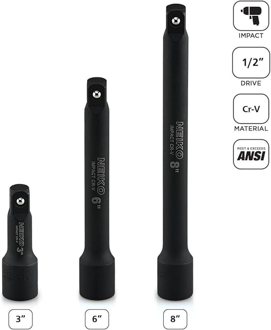 NEIKO 00237A 1/2-Inch-Drive Impact Extension-Bar Set, Made with CrV Steel, 3-Inch, 6-Inch, and 8-Inch Sizes, 3-Piece Set