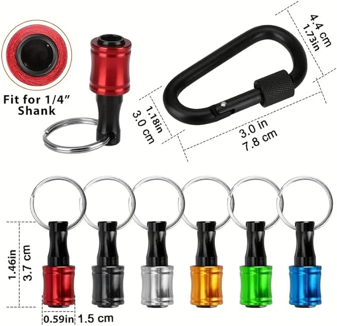 6 Pack 1/4inch Hex Shank Bit Holders with Quick Release Keychain - Aluminum Alloy Drill Bit Carrier for Screwdriver/Nut Driver, Color Coded Tool Organizer