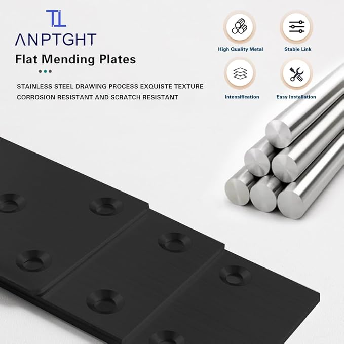 4Pcs Flat Mending Plates, 4" x 2" Flat Straight Brace Bracket, Heavy Duty 304 Stainless Steel Joining Plates for Shelves Cabinet,Furniture Corner Repair Fixing 100X50X2MM (Black with Screws)