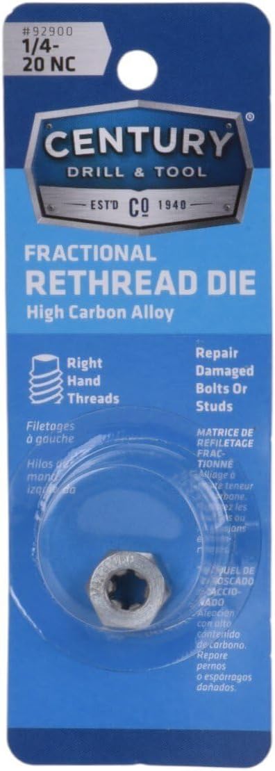 Century Drill & Tool, 92900, 1/4-20 NC, National Coarse Fractional Right Hand Rethreading Die, High Carbon Steel, Fix Damaged Bolts or Studs