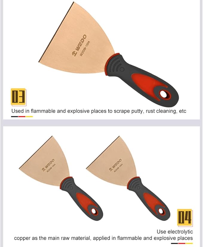 WEDO Non-Sparking Putty Knife Scraper with Fiberglass Handle,Blade 100mm(4"),Spark-free Safety Paint Scraper,Beryllium Copper,Non-Magnetic,Corrosion-Resistance,Paint Scraper,BAM & FM Certificate