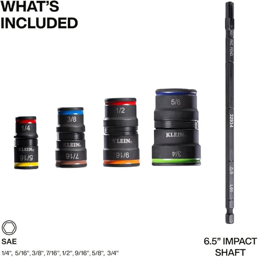 Klein Tools 32934 Impact Driver, 9-in-1 SAE Impact Socket Set, 4 Flip Sockets with 1/4, 5/16, 3/8, 7/16, 1/2, 9/16, 5/8, and 3/4-Inch Nut Driver Sizes with Bit Holder, 6-1/2-Inch Shaft