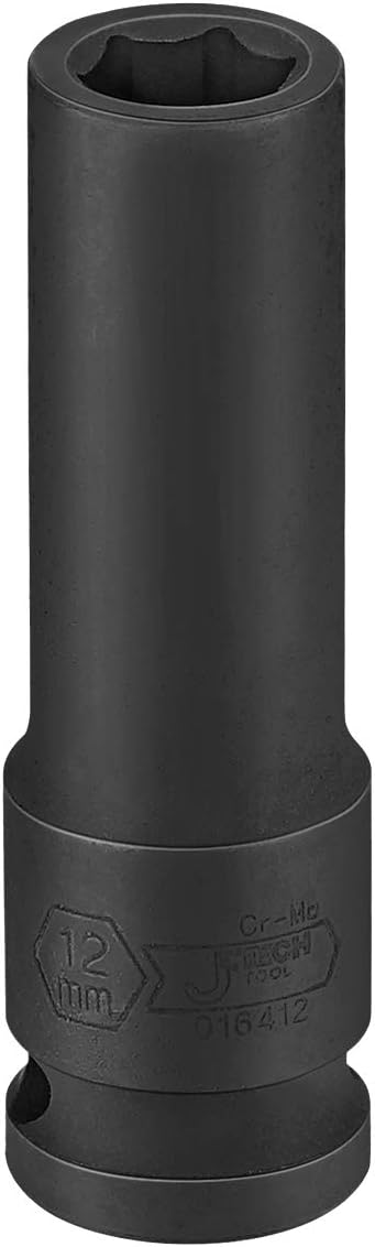 Jetech 1/2-Inch Drive 12mm Deep Impact Socket with 6-Point Design, Heat-Treated Chrome Molybdenum Alloy Steel, Metric
