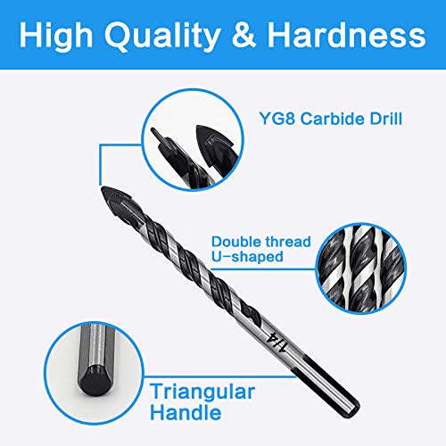 5-Piece 3/8??Masonry Drill Bits for Tile Glass Ceramic Wall Brick Stone Soft-Metal Wood, 3/8 Inch Concrete Drill Bits Cement Drill Bit Set, 3-Flat Shank, YG8 Carbide Tungsten Steel Alloy Tip 10mm