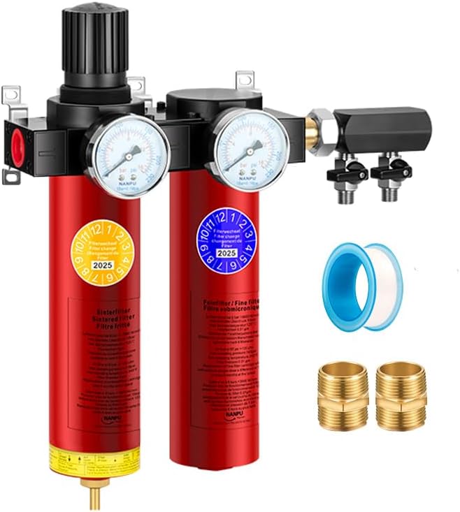 NANPU Z Series 2-Stage Air Filtration System - Sintered & Fine Filters, 1/2" NPT Inlet, 1/4" NPT Outlet Module, 0-230 psi Gauge, 127 CFM @ 6 bar, Metal Housing, Auto Drain (ZP104-D)