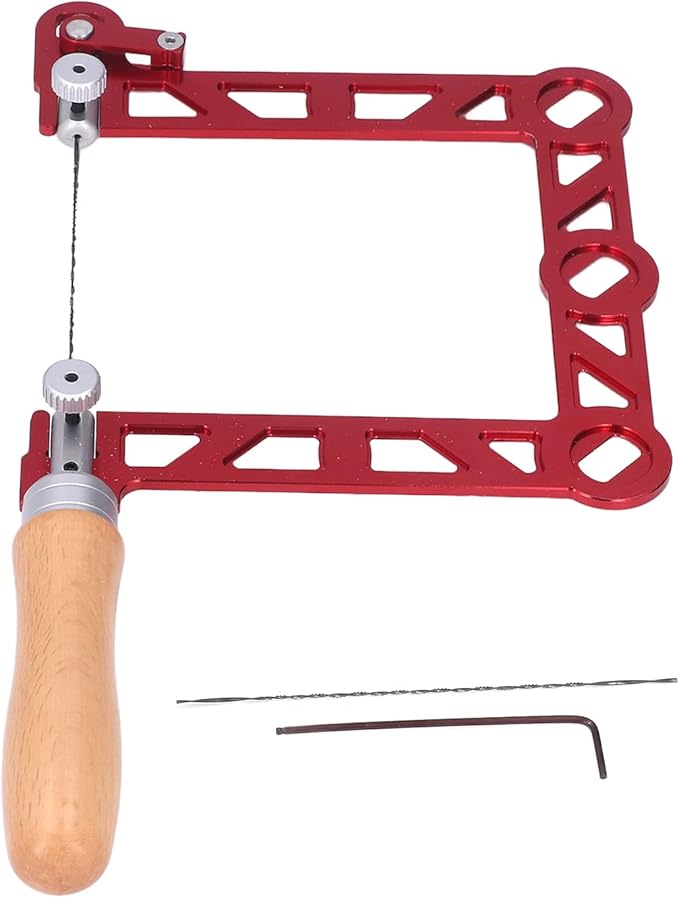 Mini Woodworking Hand Saw, U Shape with Wooden Handle, Aluminum Alloy, Red, for Jewelry Making and Metal Processing, Includes Saw Blade and Hex Wrench (5 Inch)