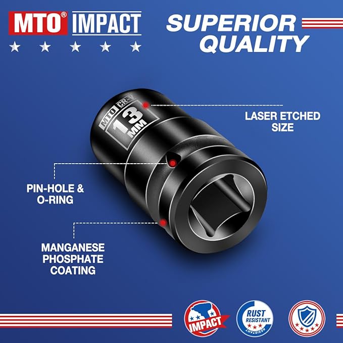 MTO 1/2" Drive 13mm Shallow Impact Socket, 6-Point Metric Socket for Automotive Maintaince, CR-V Steel Meets ANSI Standards