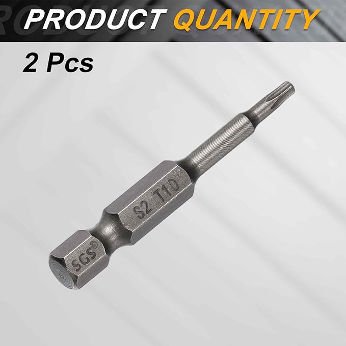 HARFINGTON 2pcs T10 Torx Head Screwdriver Bit 1/4" Hex Shank 2" (50mm) Long Magnetic No Hole Tip Tamper Proof 6 Point Star Screw Driver Drill Bits S2 Steel Industrial Power Screwdrivers