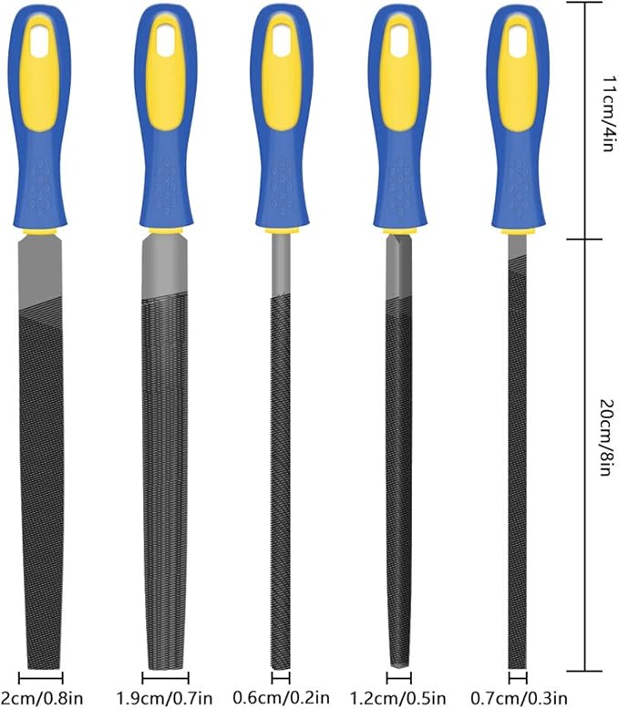 KALIM 5Pcs 8'' High Carbon Steel File, Rasp Set with Soft Rubber Non-slip Handle, Round/Half Round/Flat/Triangle/Squre, Grinding Hand Tool Set for Wood, Metal, Plastic, etc.