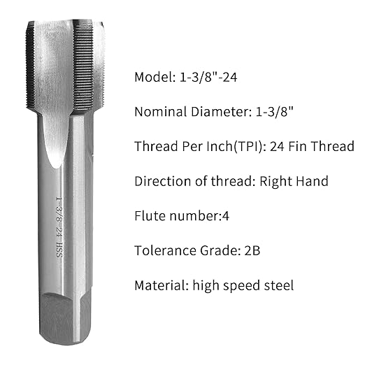 Lzcdelyxiao 1-3/8"-24 Tap UNS Right Hand Straight Flute Thread Tap Machine Tap Nominal Diameter 1-3/8" Thread Per Inch 24 Fin Thread Tolerance Grade 2B Tapping Thread High Speed Steel HSS