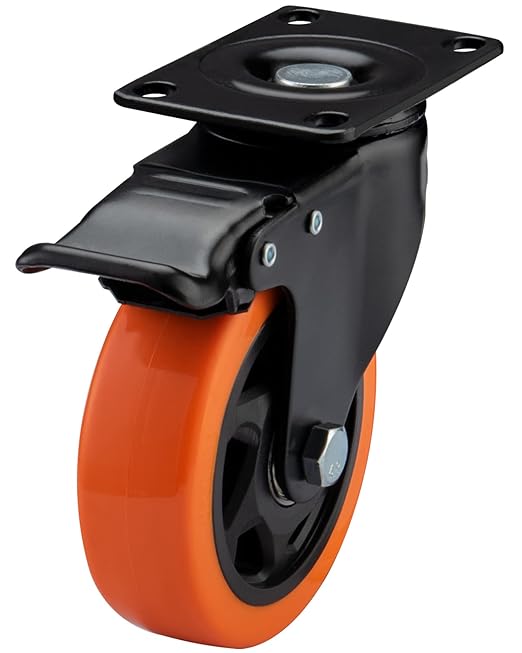4" Caster Wheels, Casters Set of 4 Heavy Duty - Orange Polyurethane Castors, Top Plate Swivel Wheels, 4-Pack Industrial Casters with Brake, Locking Caster for Furniture and Workbench