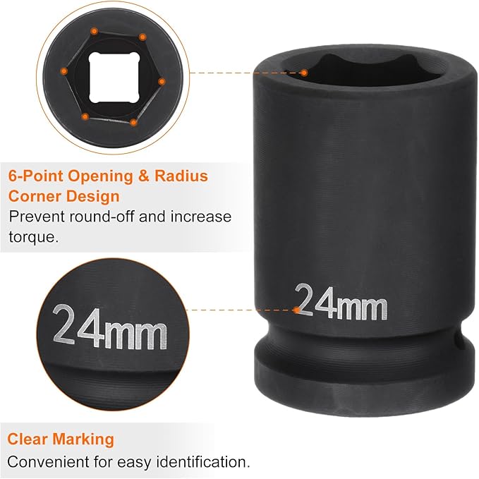 HARFINGTON 6-Point Impact Socket 3/4" Drive 24mm Metric 40Cr Alloy Steel Spindle Axle Nut Impact Socket