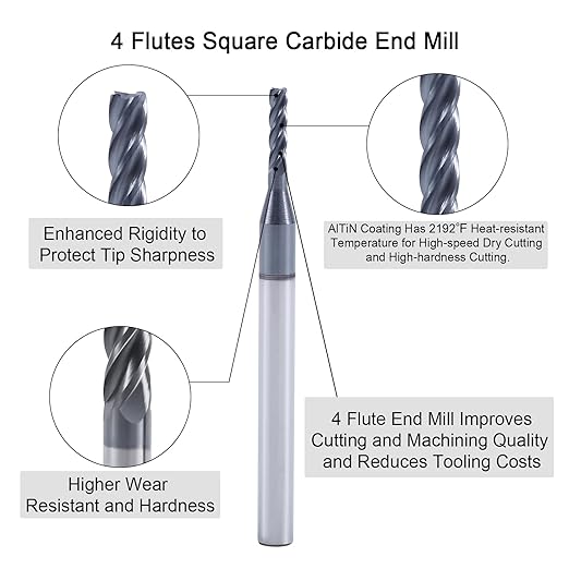 ISB 1/16?섃?Carbide Square End Mill Set, 4 Flute Micro Grain Carbide End Mill Bits for Hardened Steels/Alloy Steels, 5 Pcs