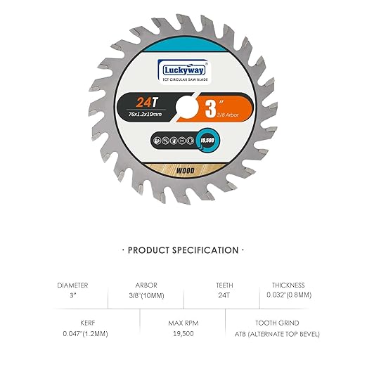 Luckyway 3 Inch Circular Saw Blade 24T with 3/8 Inch Arbor TCT(Tungsten Carbide Tooth) for Cutting Wood, Plastic, PCV, Acrylic, Aluminum, 3-Pack