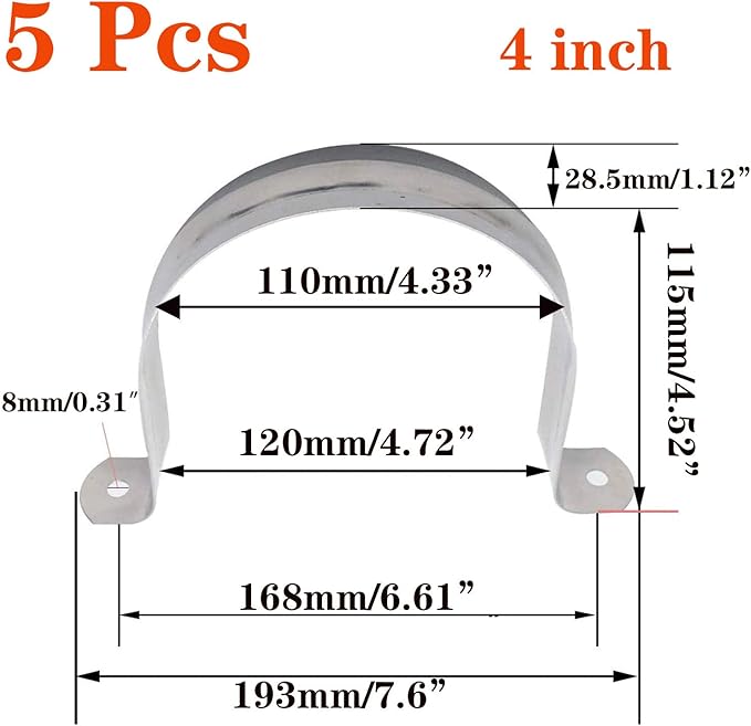 6 Pcs 4inch Rigid Pipe Strap,Two Hole Stainless Steel Strap U Bracket, Widened Tube Strap Tension Clip Assortment Kit Heavy Duty Pipe Clamp（110mm）