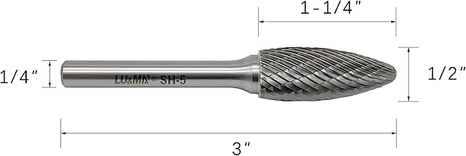 SH-5 Tungsten Carbide Burr Rotary File Flame Shape Double Cut (1/2??Cutter Dia X 1-1/4?쒬utter Length) with 1/4'' Shank Dia by LU&MN