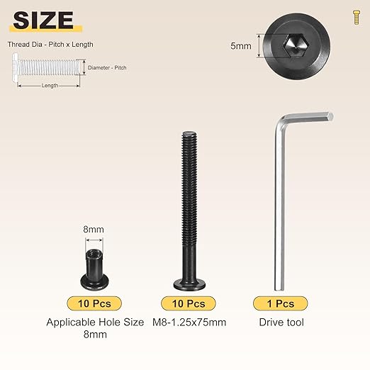 METALLIXITY Furniture Crib Screws Replacement Set with Wrench(M8-1.25x75) 20Pcs, Galvanization Connector Bolts M8 Screw Barrel Nuts Binding Screws, for Chair Cabinet Bed, Black