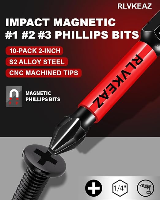 10-Pack Phillips Bits #1#2#3 Impact Magnetic, 2 Inch Phillips Head Drill & Screwdriver Bits Set, Premium S2 Steel, 1/4" Hex-Shank, (PH1/PH2/PH3) for Power Drill, Professional & DIY